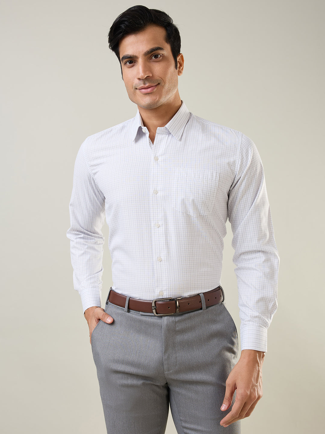 Grey Checkered Regular Fit Formal Shirt
