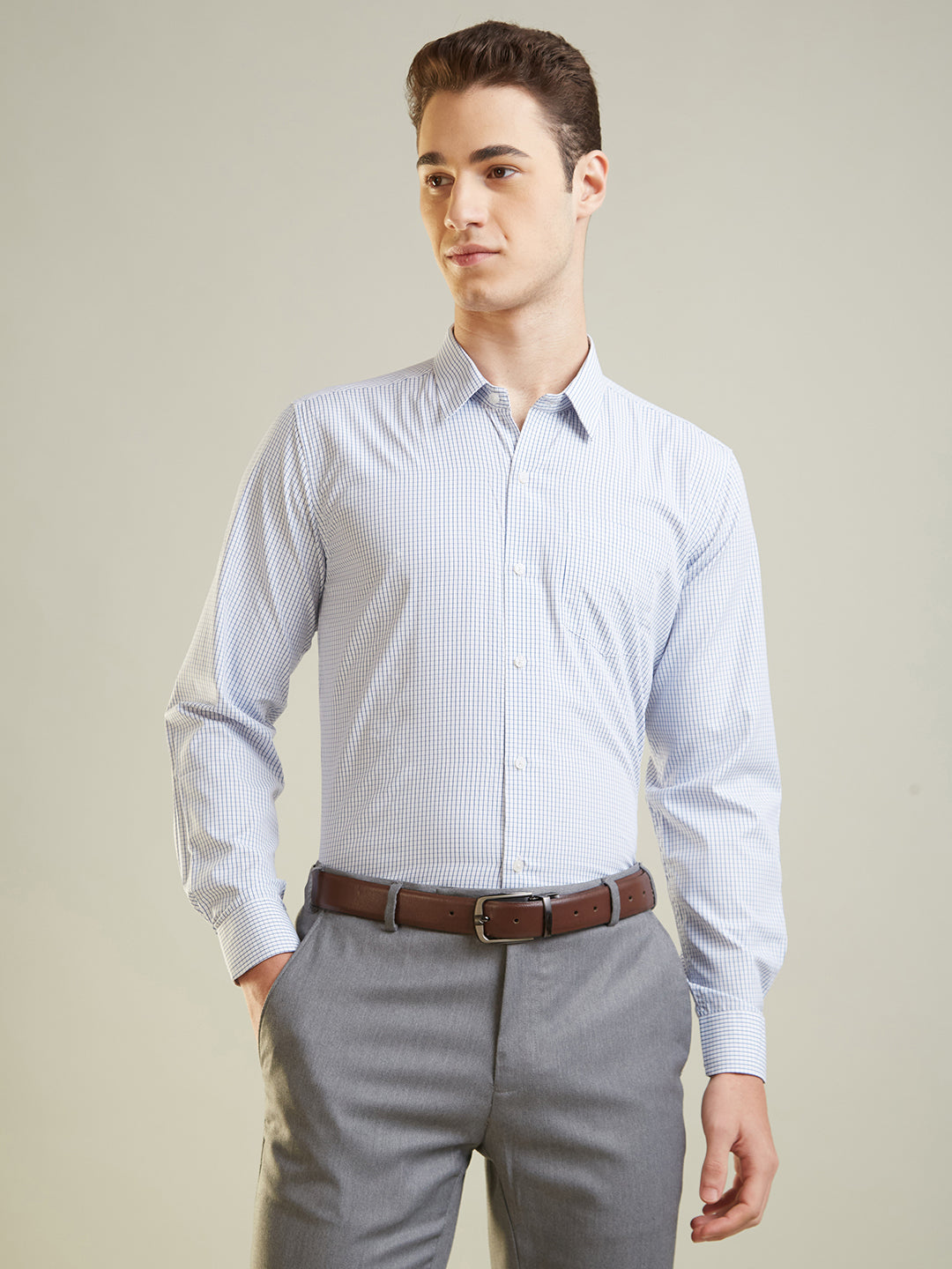 Navy Checkered Regular Fit Formal Shirt