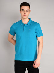 Blue Polo Neck Solid T Shirt