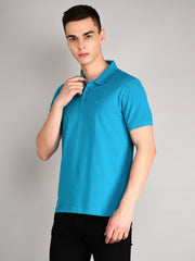 Blue Polo Neck Solid T Shirt