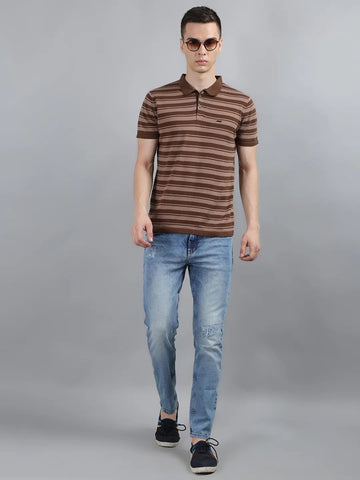 Brown Striped Knitted Polo T-Shirt Tim Paris