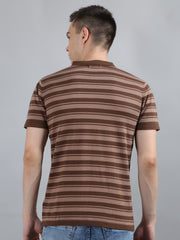 Brown Striped Knitted Polo T-Shirt