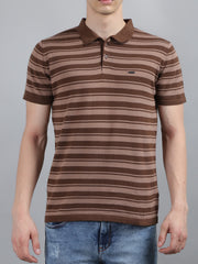 Brown Striped Knitted Polo T-Shirt