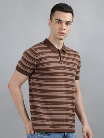 Brown Striped Knitted Polo T-Shirt Tim Paris
