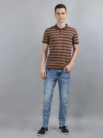 Brown Striped Knitted Polo T-Shirt Tim Paris