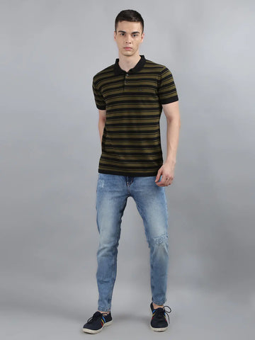 Charcoal Black Striped Knitted Polo T-Shirt Tim Paris