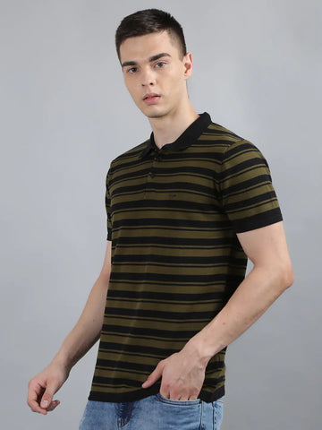 Charcoal Black Striped Knitted Polo T-Shirt Tim Paris