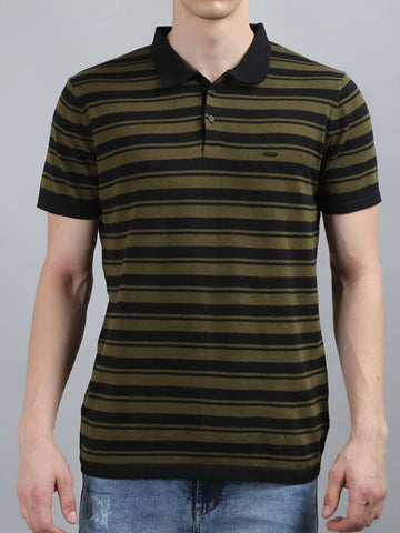 Charcoal Black Striped Knitted Polo T-Shirt Tim Paris