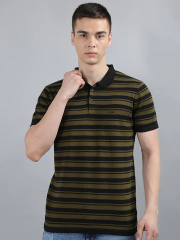Charcoal Black Striped Knitted Polo T-Shirt Tim Paris
