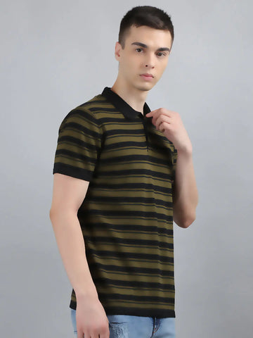 Charcoal Black Striped Knitted Polo T-Shirt Tim Paris