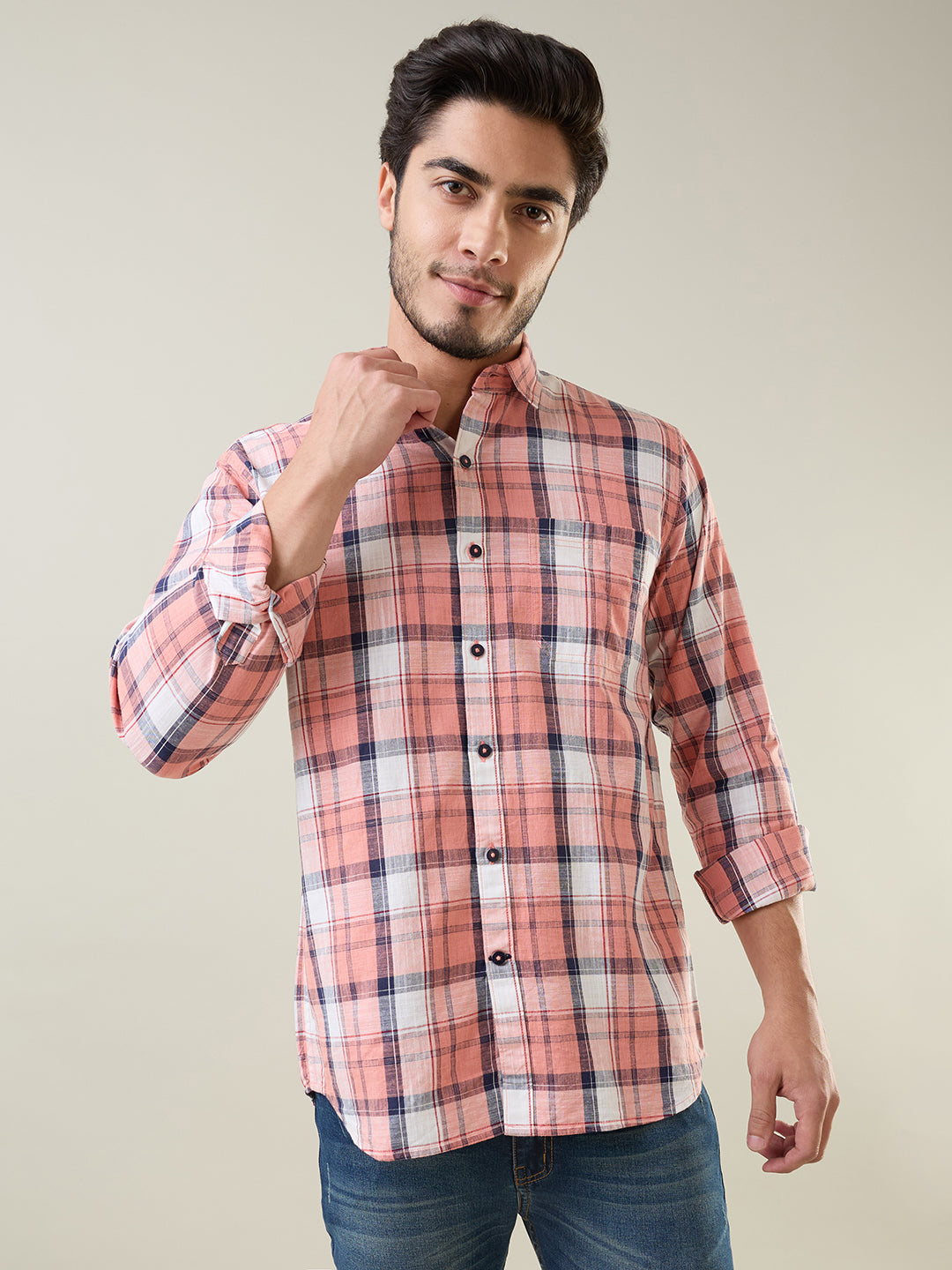 Peach Checkered Regular Fit Shirt