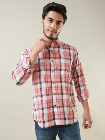 Peach Checkered Regular Fit Shirt Tim Paris