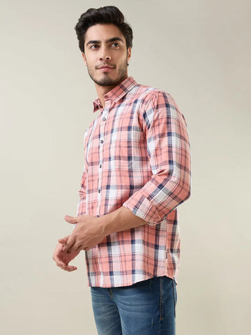 Peach Checkered Regular Fit Shirt Tim Paris