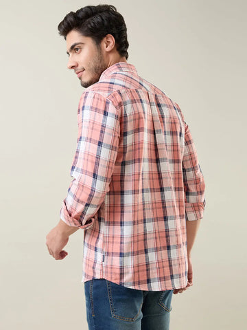Peach Checkered Regular Fit Shirt Tim Paris