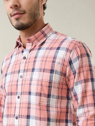 Peach Checkered Regular Fit Shirt Tim Paris
