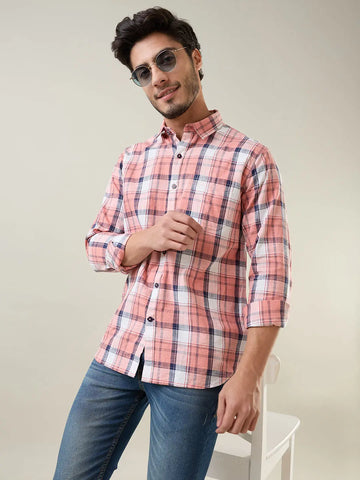 Peach Checkered Regular Fit Shirt Tim Paris