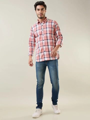 Peach Checkered Regular Fit Shirt Tim Paris
