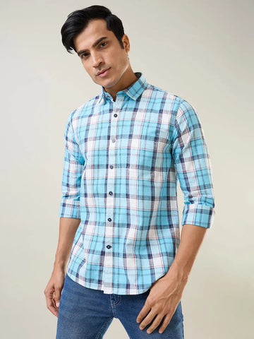 Sky Blue Checkered Regular Fit Shirt TIM PARIS