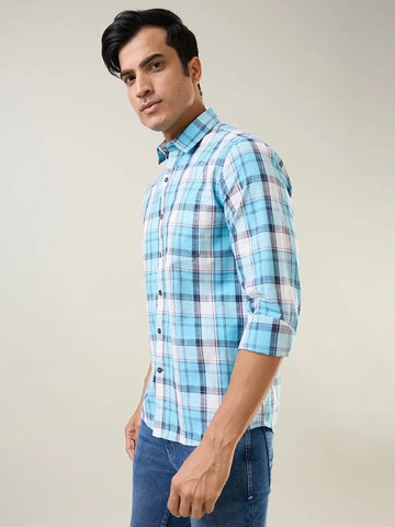Sky Blue Checkered Regular Fit Shirt TIM PARIS