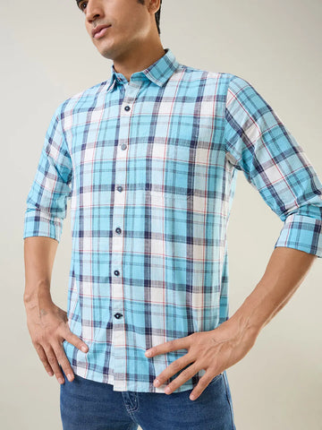 Sky Blue Checkered Regular Fit Shirt TIM PARIS