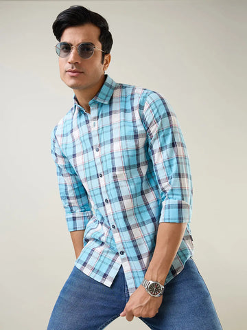 Sky Blue Checkered Regular Fit Shirt TIM PARIS