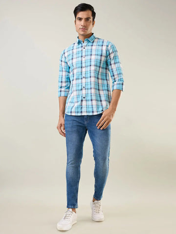 Sky Blue Checkered Regular Fit Shirt TIM PARIS