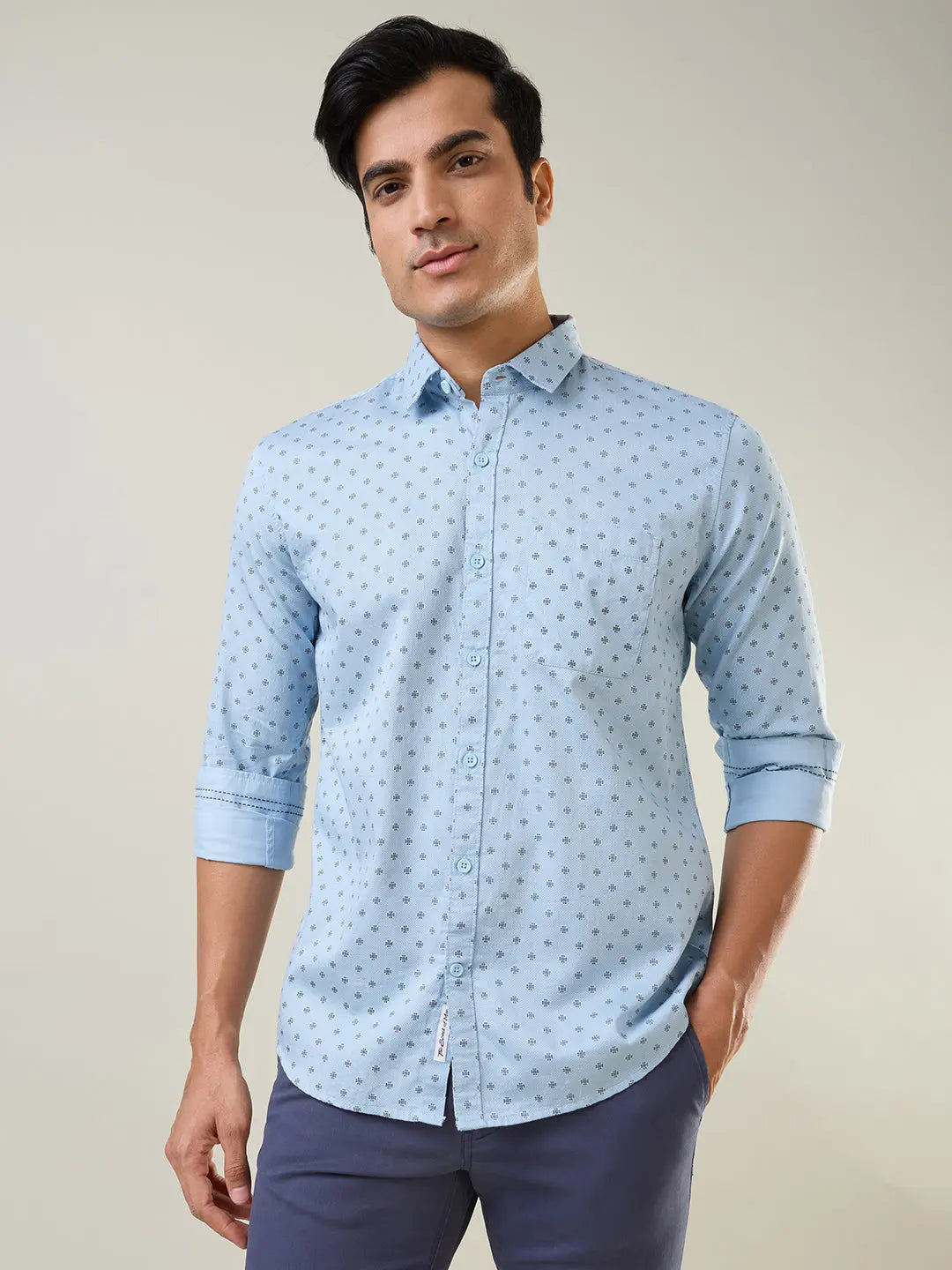 Sky Blue Printed Regular Fit Shirt TIM PARIS
