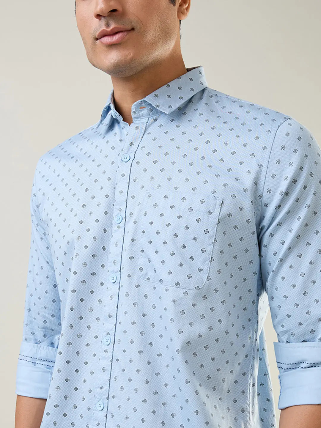 Sky Blue Printed Regular Fit Shirt TIM PARIS