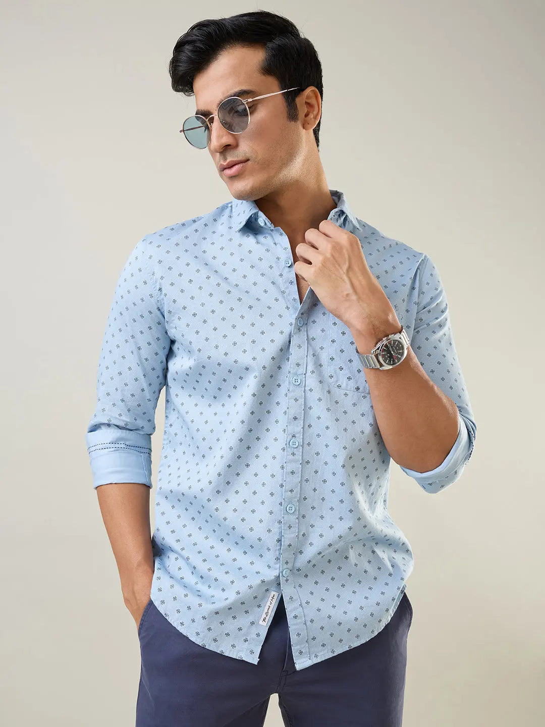 Sky Blue Printed Regular Fit Shirt TIM PARIS