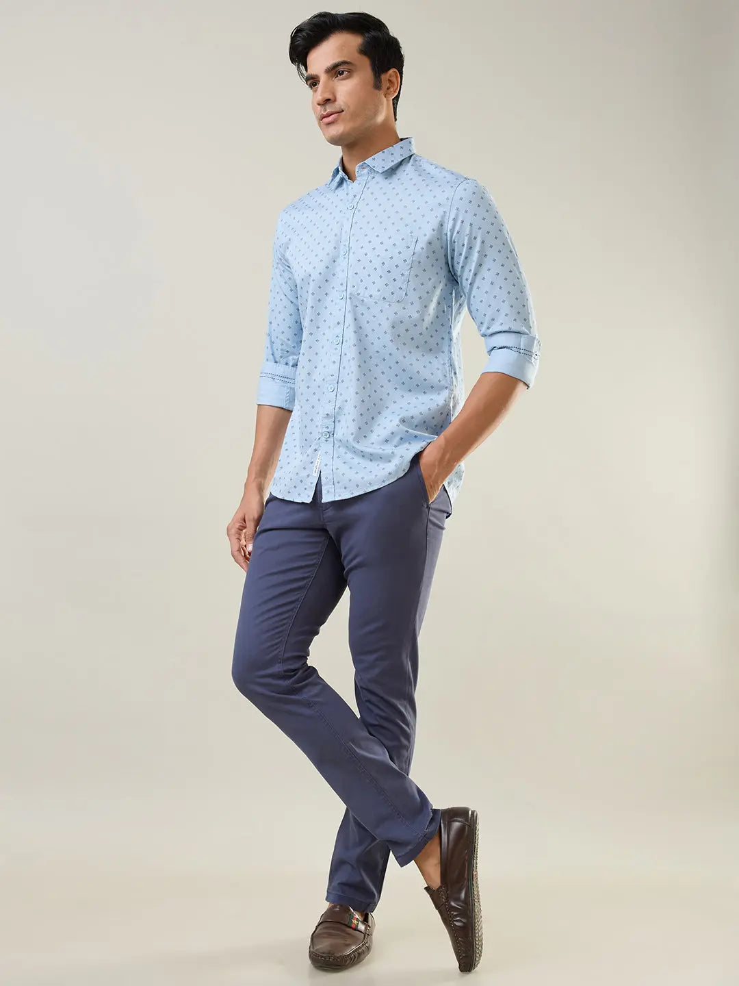 Sky Blue Printed Regular Fit Shirt TIM PARIS