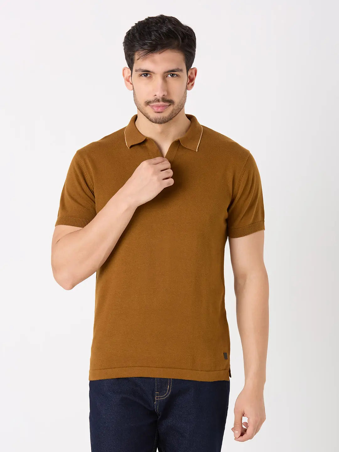 Dark Brown Solid Regular Fit Knit T-Shirt TIM PARIS