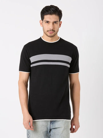 Black Solid Regular Fit Knit T-Shirt TIM PARIS