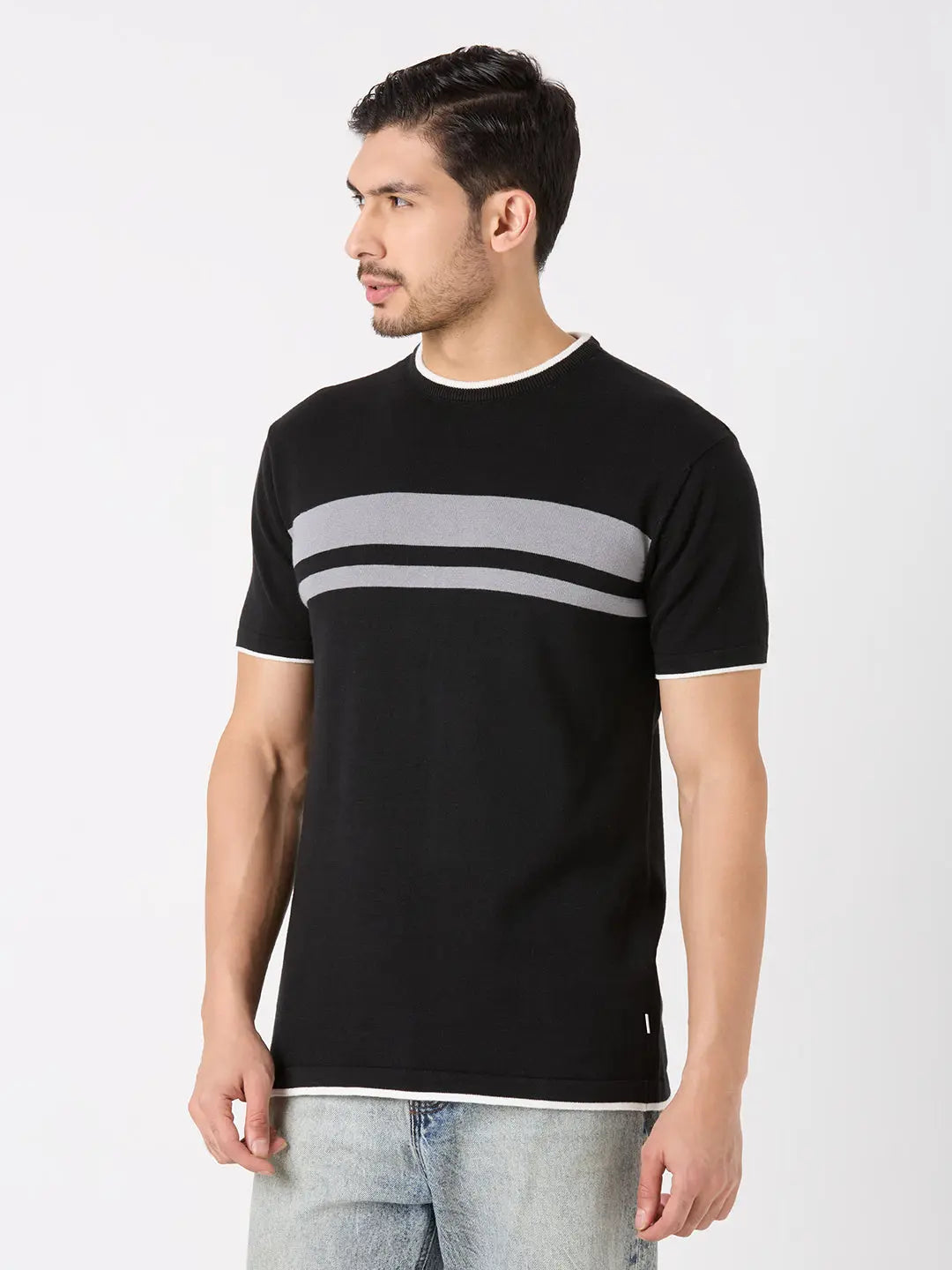 Black Solid Regular Fit Knit T-Shirt TIM PARIS