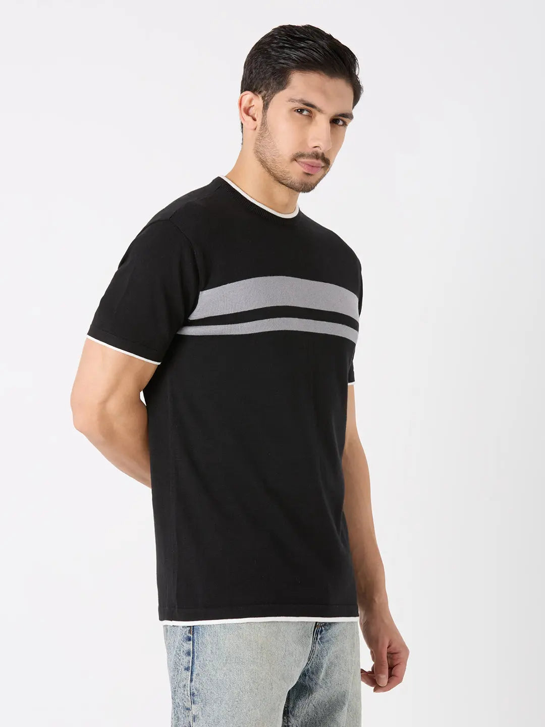 Black Solid Regular Fit Knit T-Shirt TIM PARIS
