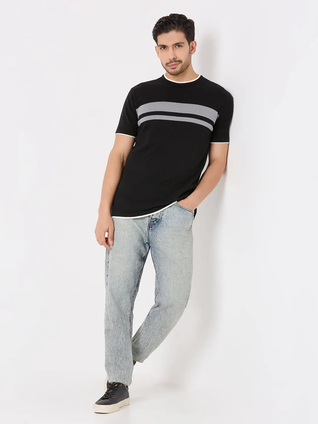 Black Solid Regular Fit Knit T-Shirt TIM PARIS