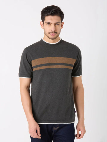 Grey Solid Regular Fit Knit T-Shirt TIM PARIS