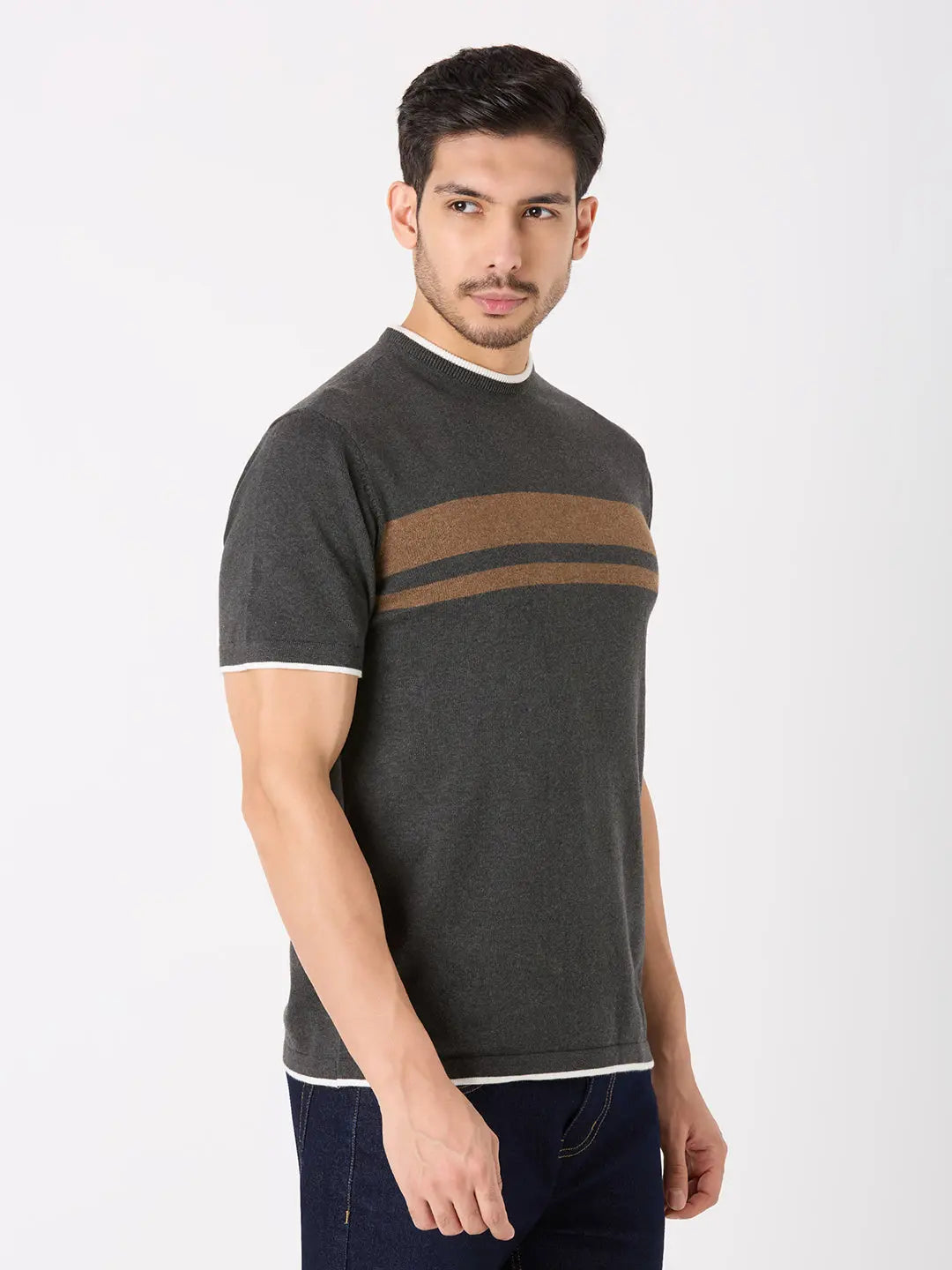 Grey Solid Regular Fit Knit T-Shirt TIM PARIS