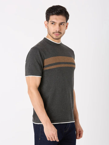 Grey Solid Regular Fit Knit T-Shirt TIM PARIS