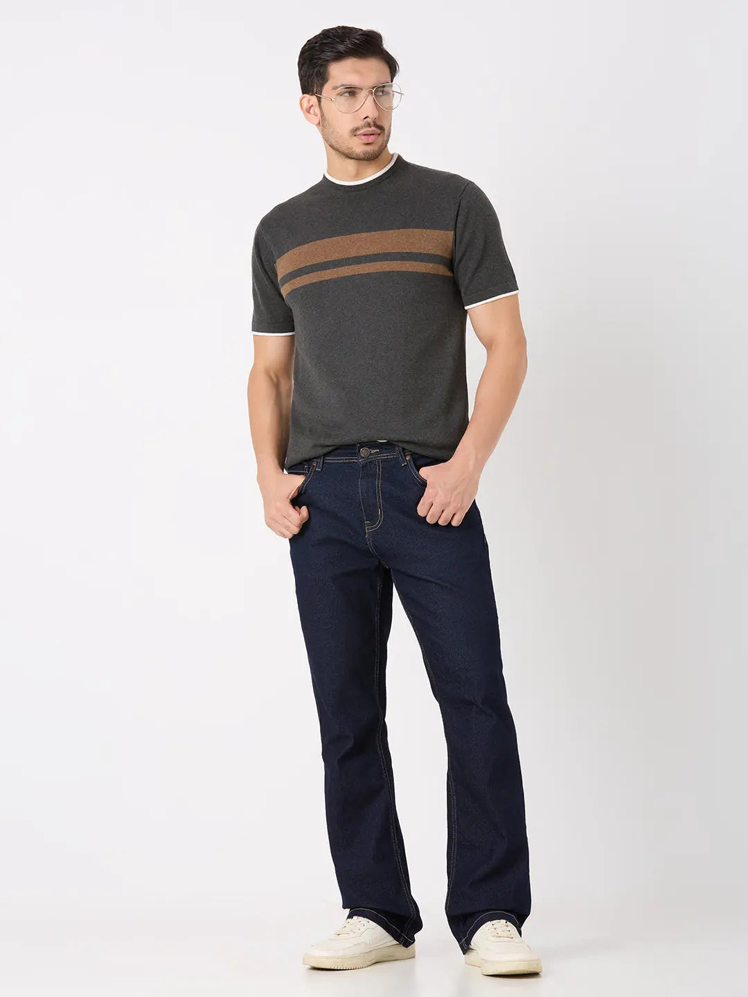 Grey Solid Regular Fit Knit T-Shirt TIM PARIS
