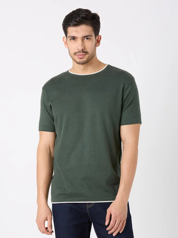 Olive Green Solid Regular Fit Knit T-Shirt TIM PARIS