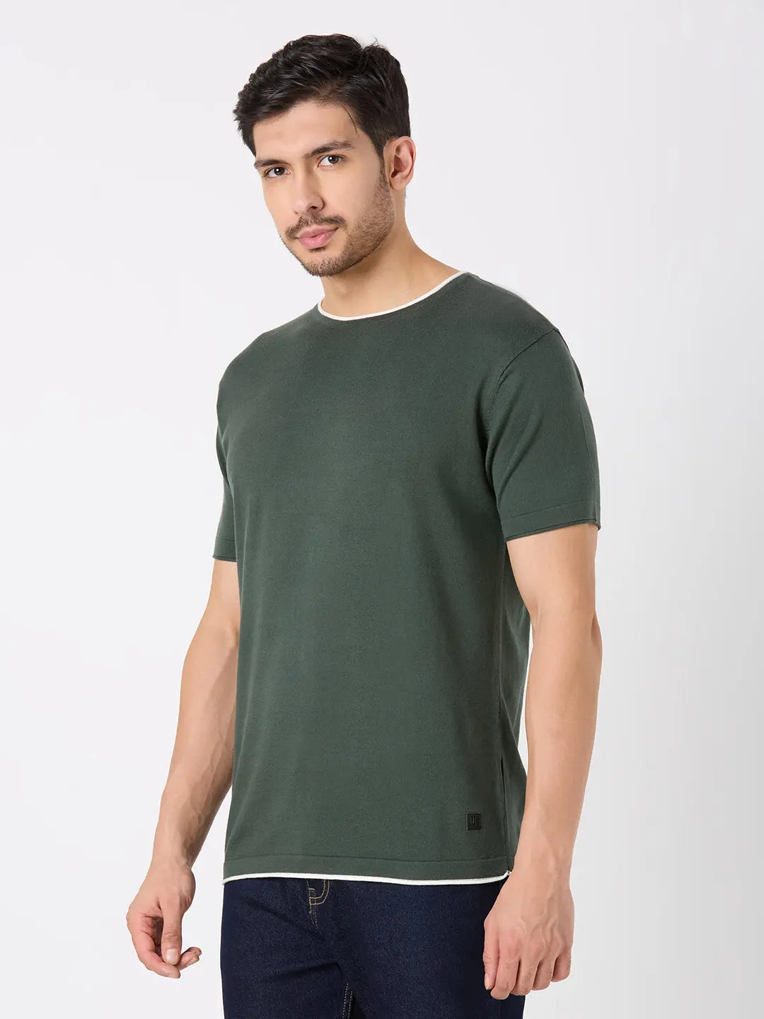 Olive Green Solid Regular Fit Knit T-Shirt TIM PARIS