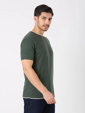 Olive Green Solid Regular Fit Knit T-Shirt TIM PARIS