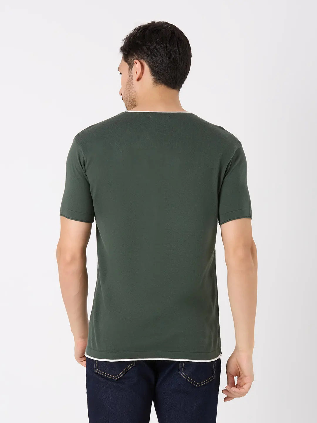 Olive Green Solid Regular Fit Knit T-Shirt TIM PARIS
