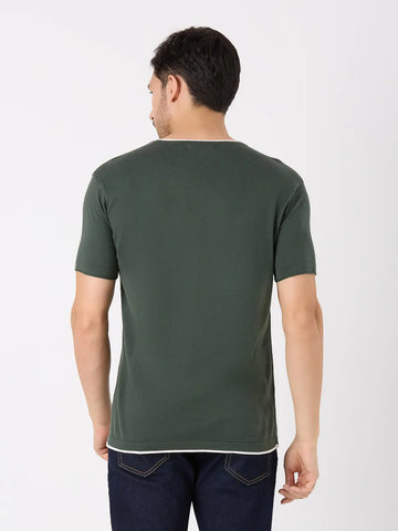 Olive Green Solid Regular Fit Knit T-Shirt TIM PARIS