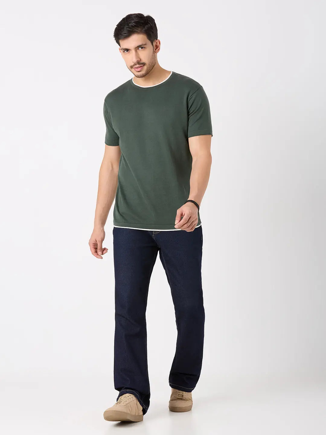 Olive Green Solid Regular Fit Knit T-Shirt TIM PARIS