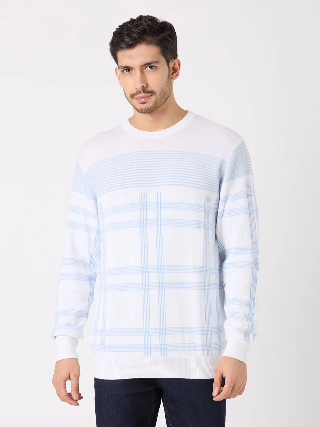 White/Sky Blue Solid Regular Fit Pullovers TIM PARIS
