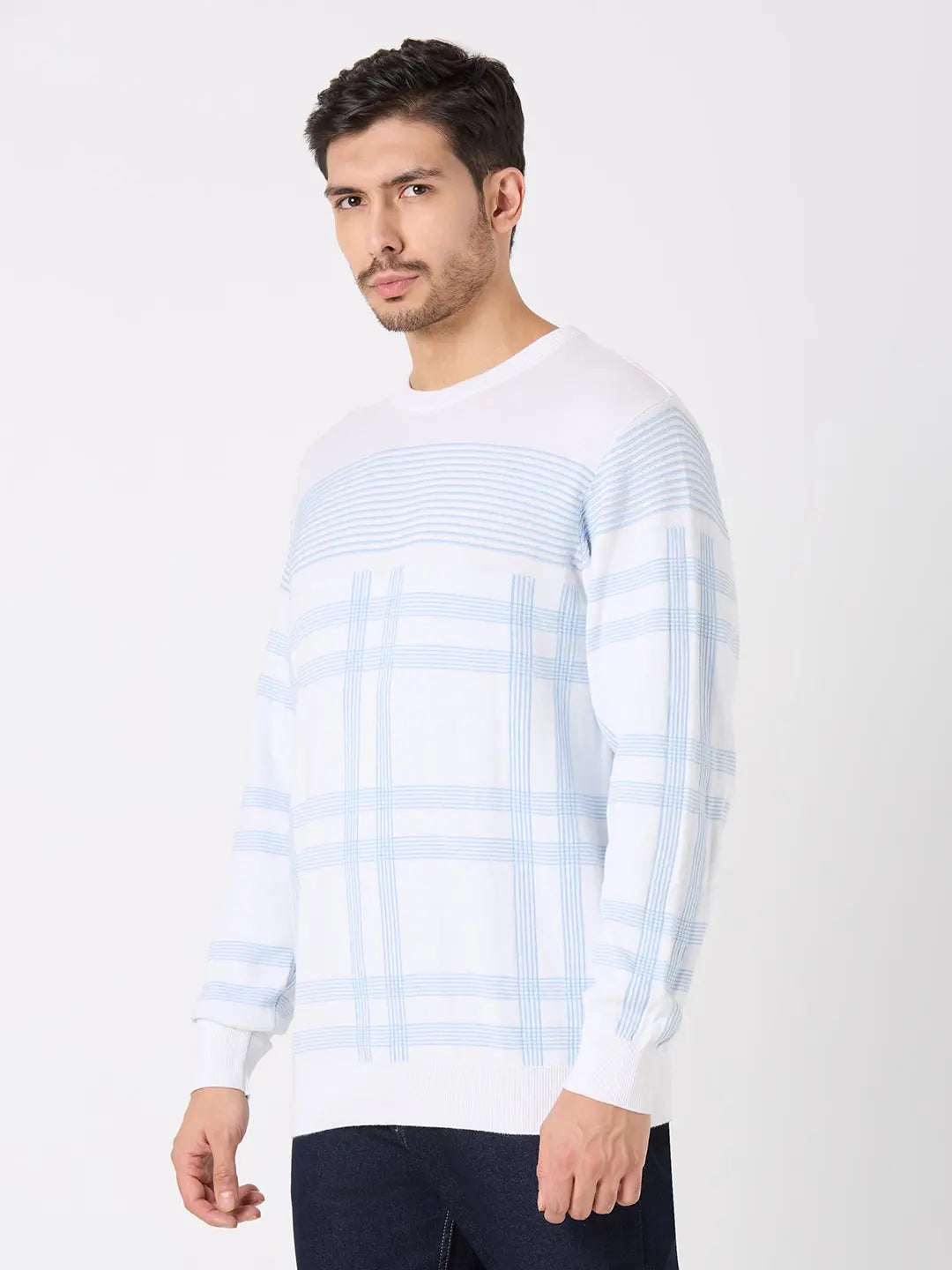 White/Sky Blue Solid Regular Fit Pullovers TIM PARIS