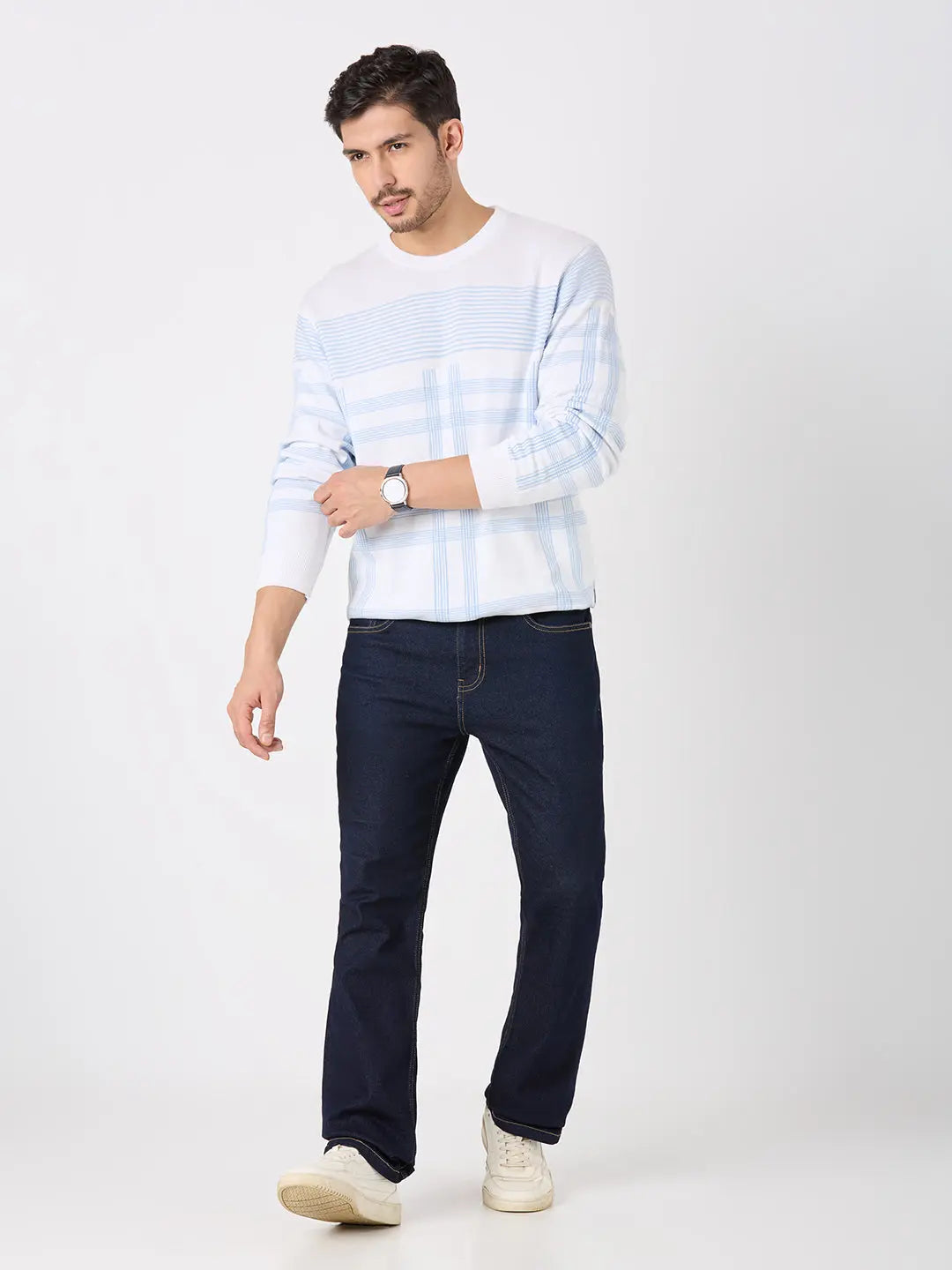 White/Sky Blue Solid Regular Fit Pullovers TIM PARIS