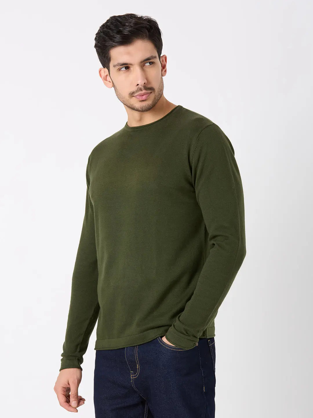 Olive Green Solid Regular Fit Pullovers TIM PARIS