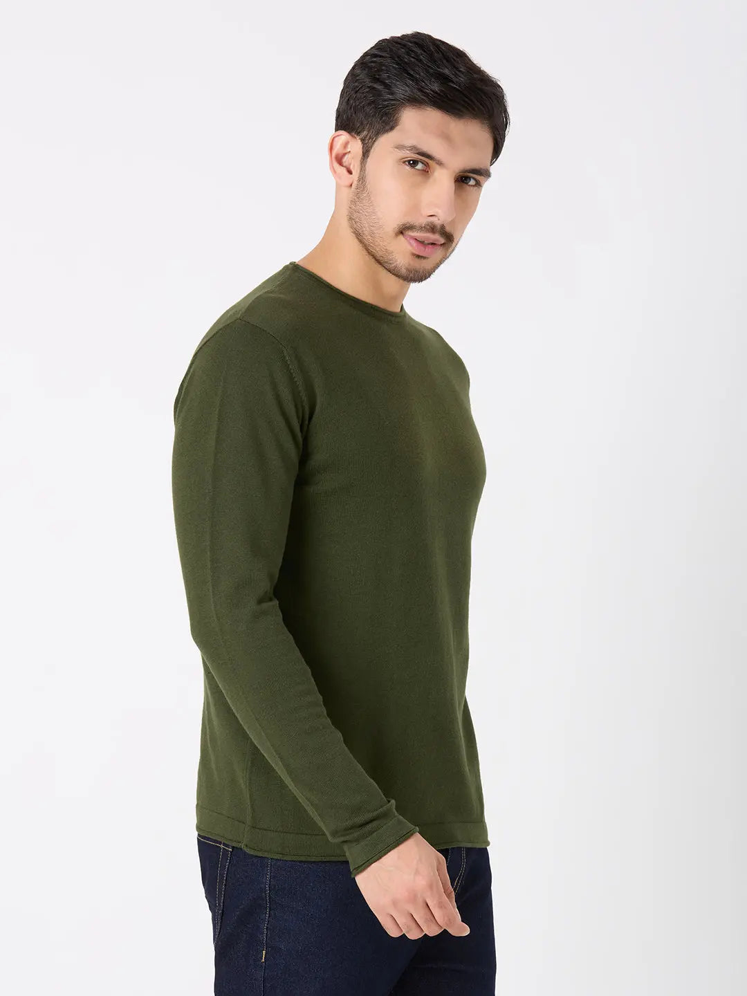 Olive Green Solid Regular Fit Pullovers TIM PARIS